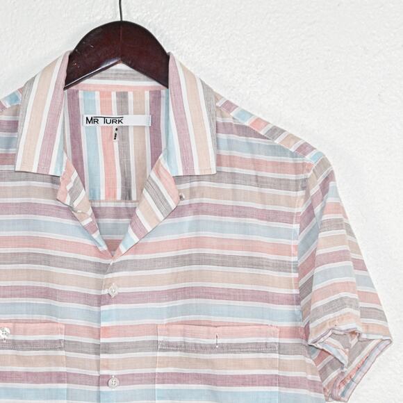 MR TURK Men's Short Sleeve Button up Shirt pastel stripe cotton sz Small - Picture 2 of 6